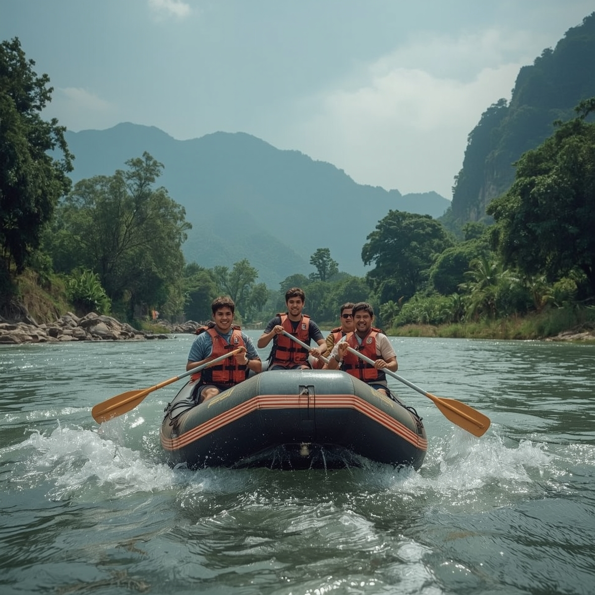 Group of young professionals rafting together on a river during a guided outdoor experience near Hanoi