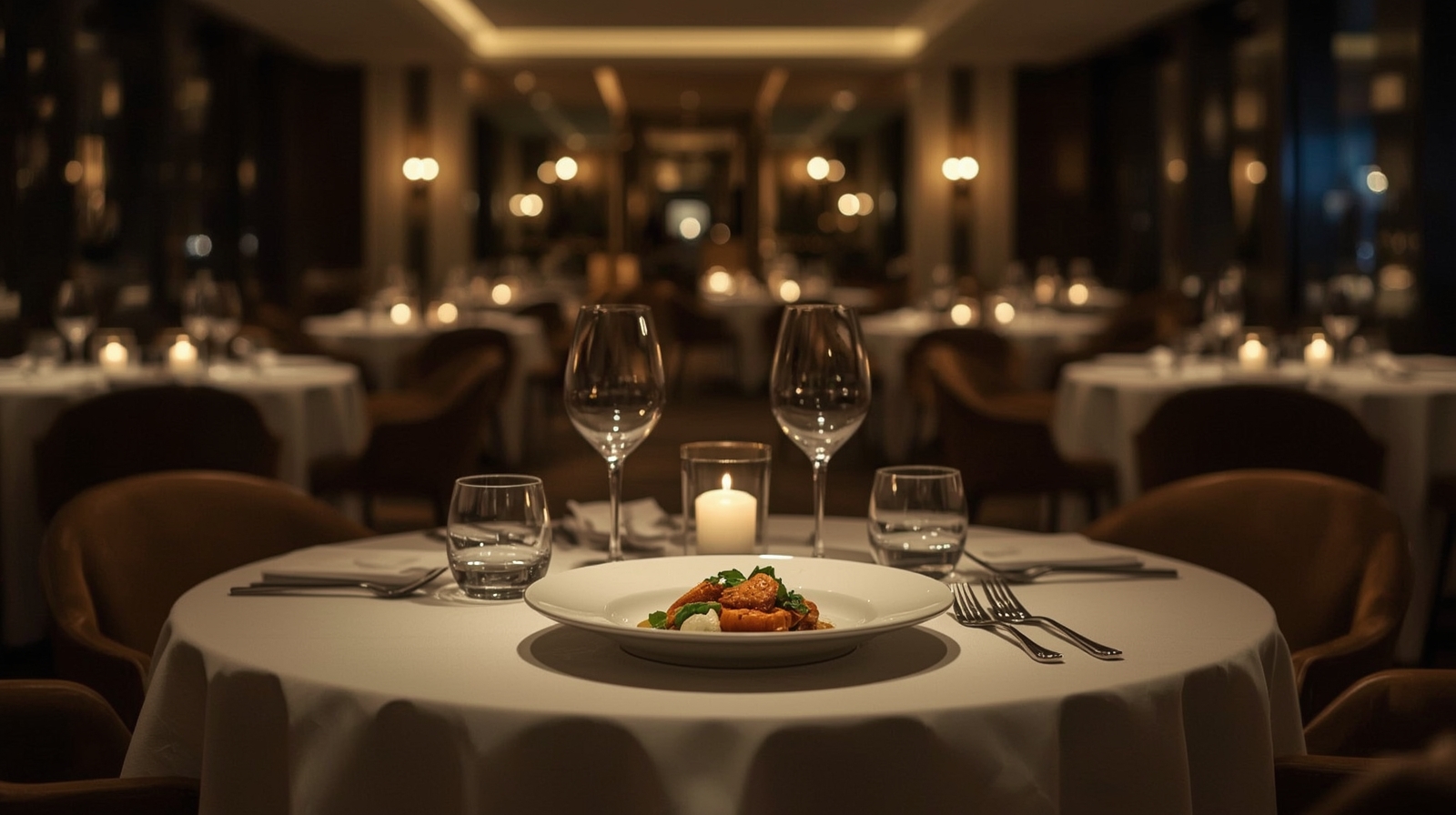 Elegant Michelin-level dining table set in a refined restaurant with candlelight and curated plating