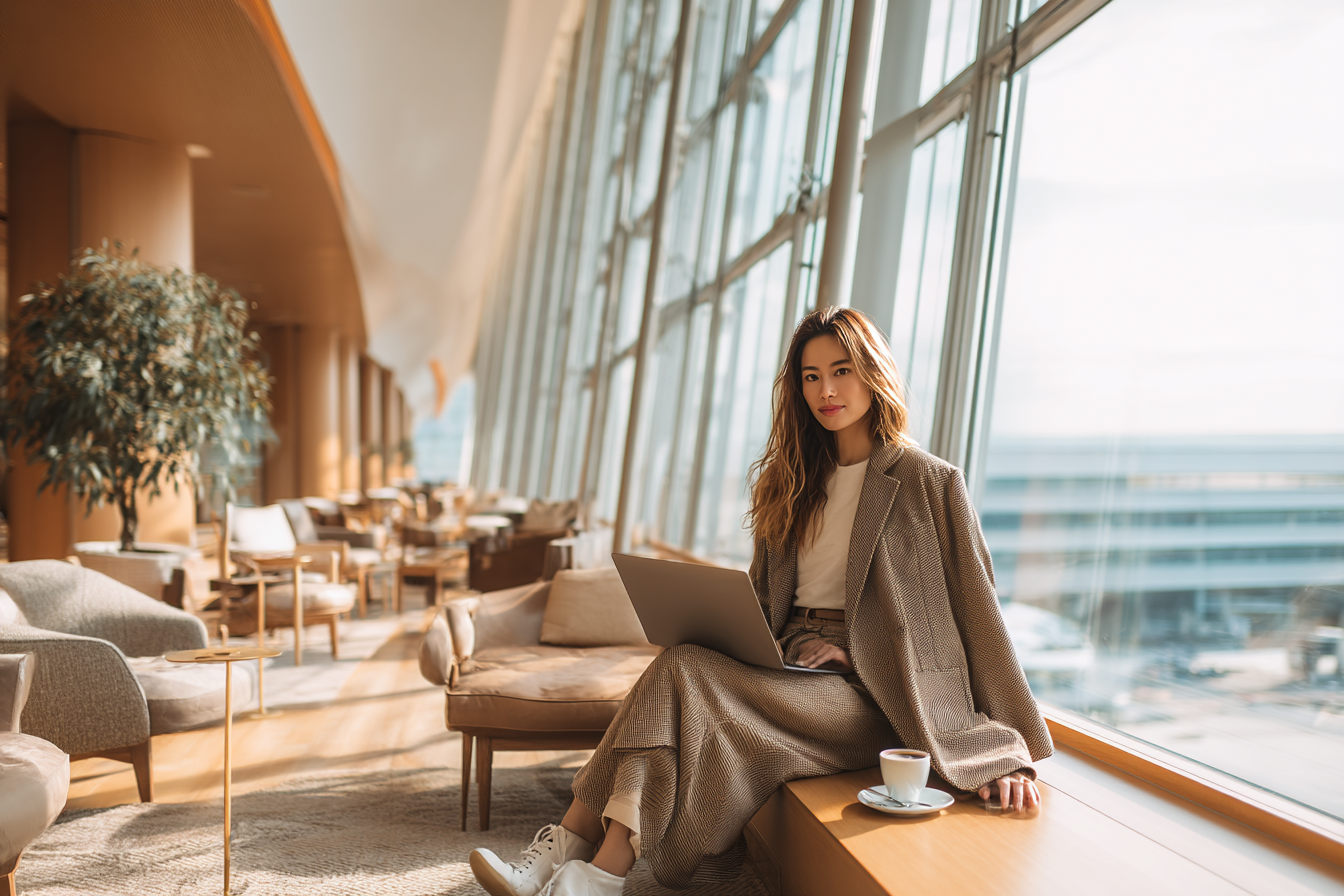 Elegant traveler working on a laptop in a luxury hotel lounge with natural light and refined surroundings