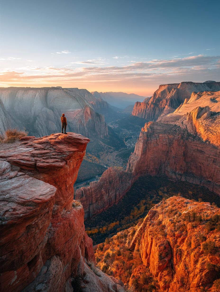Traveler standing on a cliff edge overlooking a vast canyon landscape at sunrise