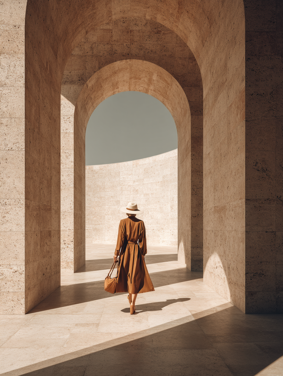Elegant traveler walking through minimalist stone arches, capturing a refined luxury travel moment
