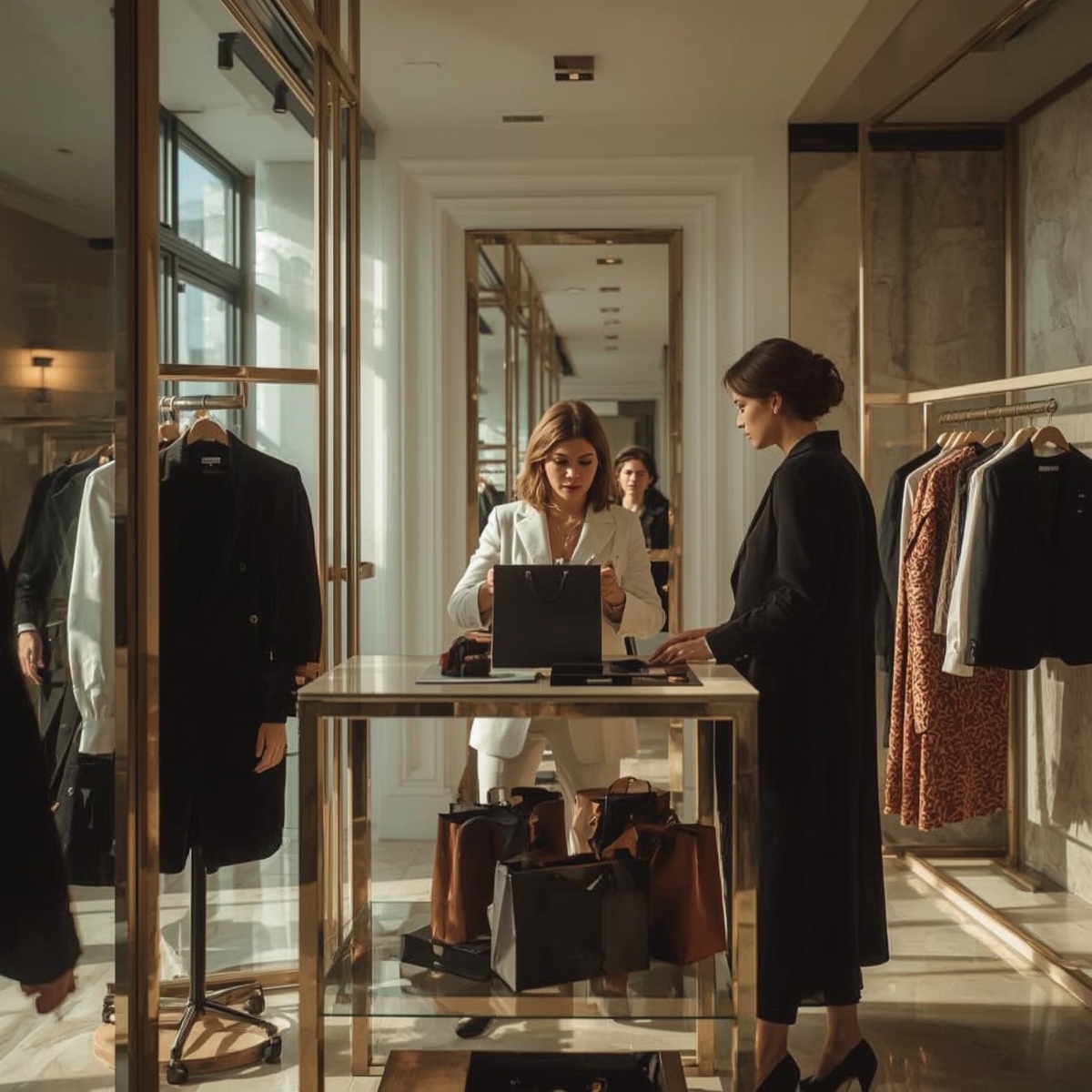 Private shopping experience in a luxury boutique with a personal shopper assisting a client in a refined setting