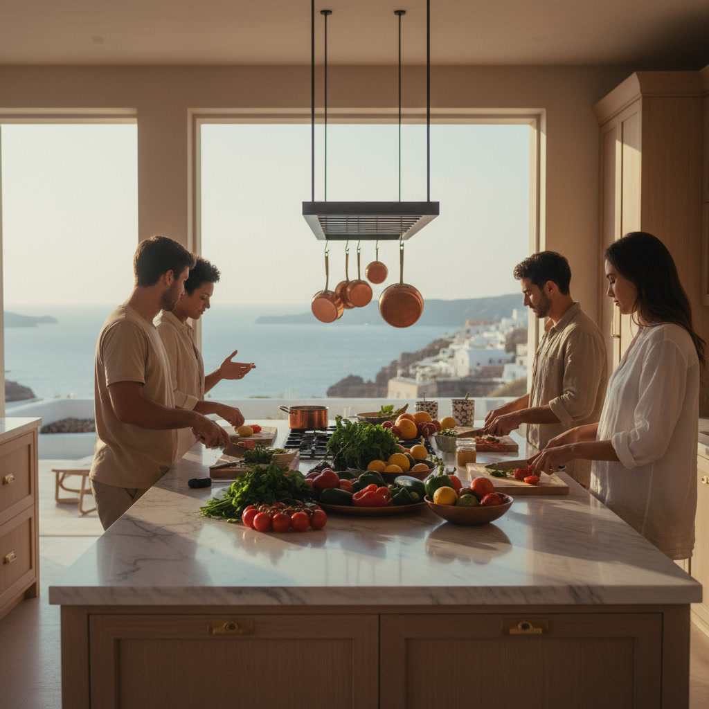 Group cooking together in a modern kitchen overlooking the sea during a Greek culinary experience