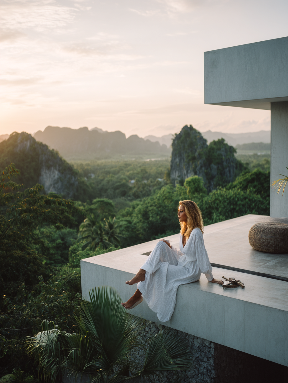 Woman relaxing on a modern villa terrace overlooking tropical jungle and limestone mountains at sunrise
