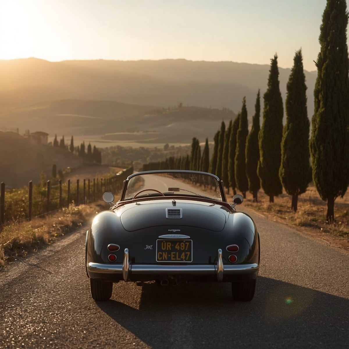 Vintage convertible car driving through the Tuscan countryside during a private classic car tour