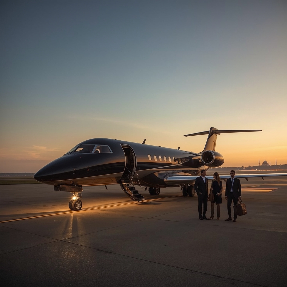Private jet journey around the world with executives standing in front of a black luxury aircraft at sunset