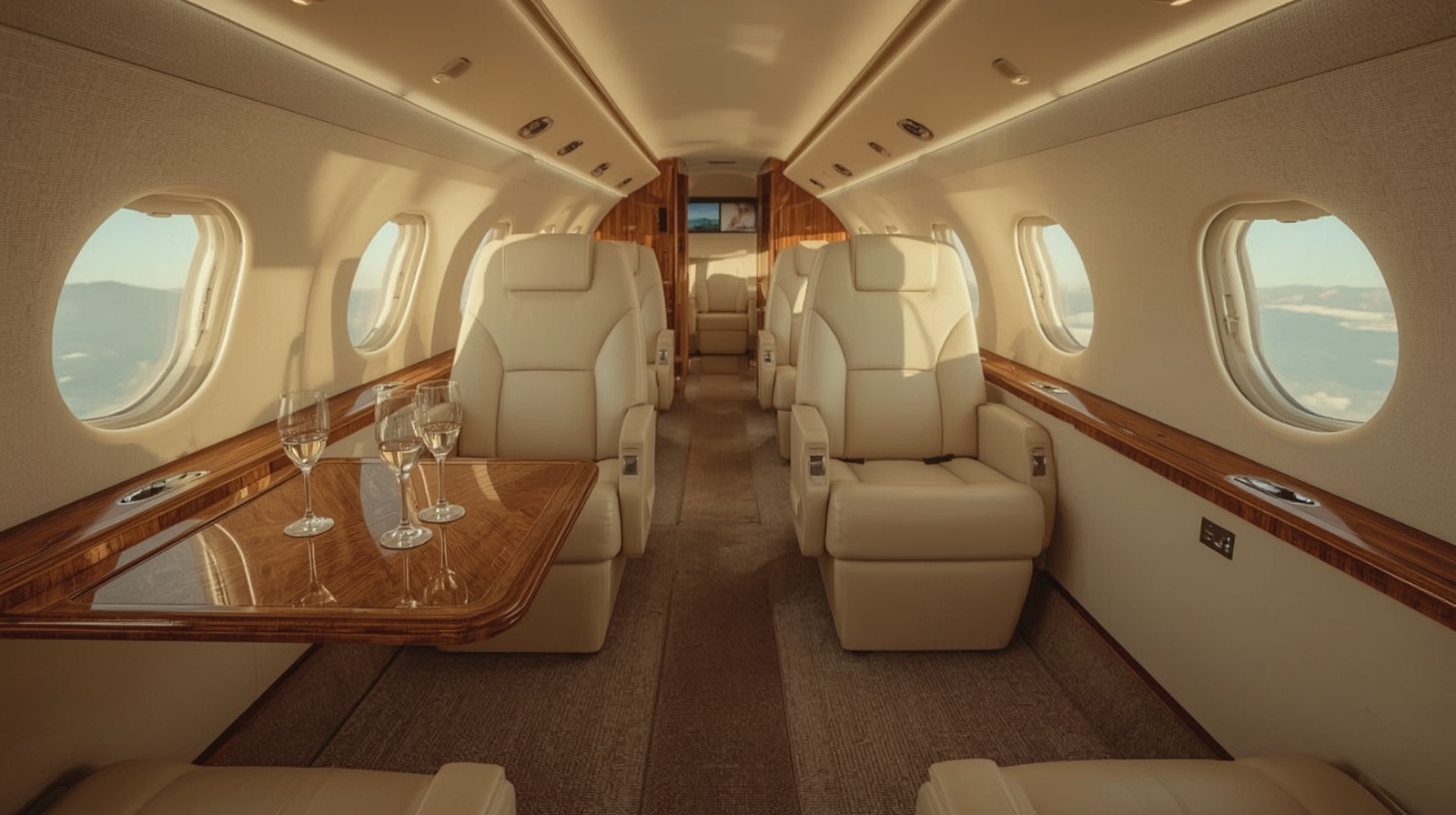 Luxury private jet interior with refined seating and champagne, representing exclusive private aviation travel