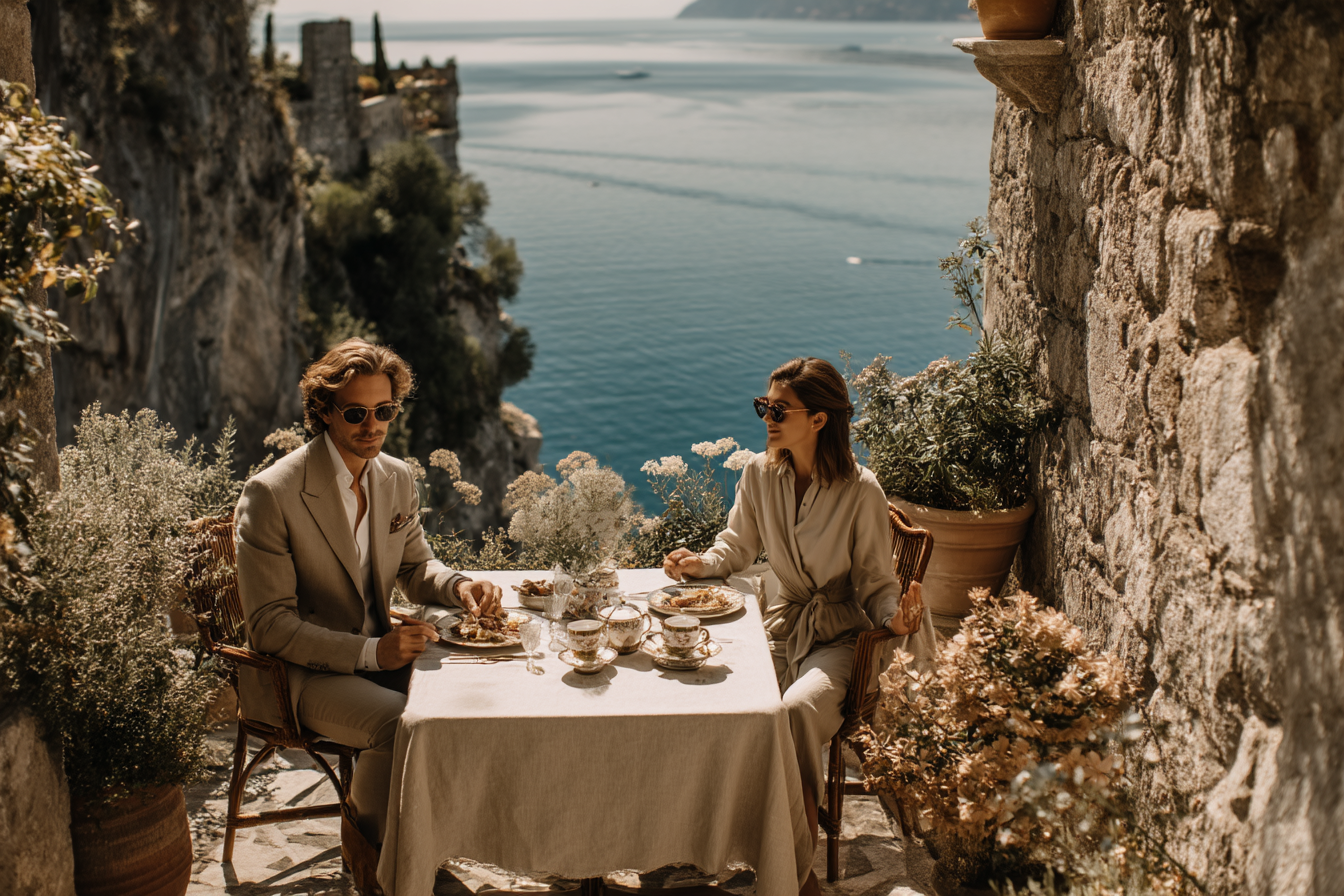Couple enjoying a private dining experience overlooking the sea in an intimate Mediterranean setting