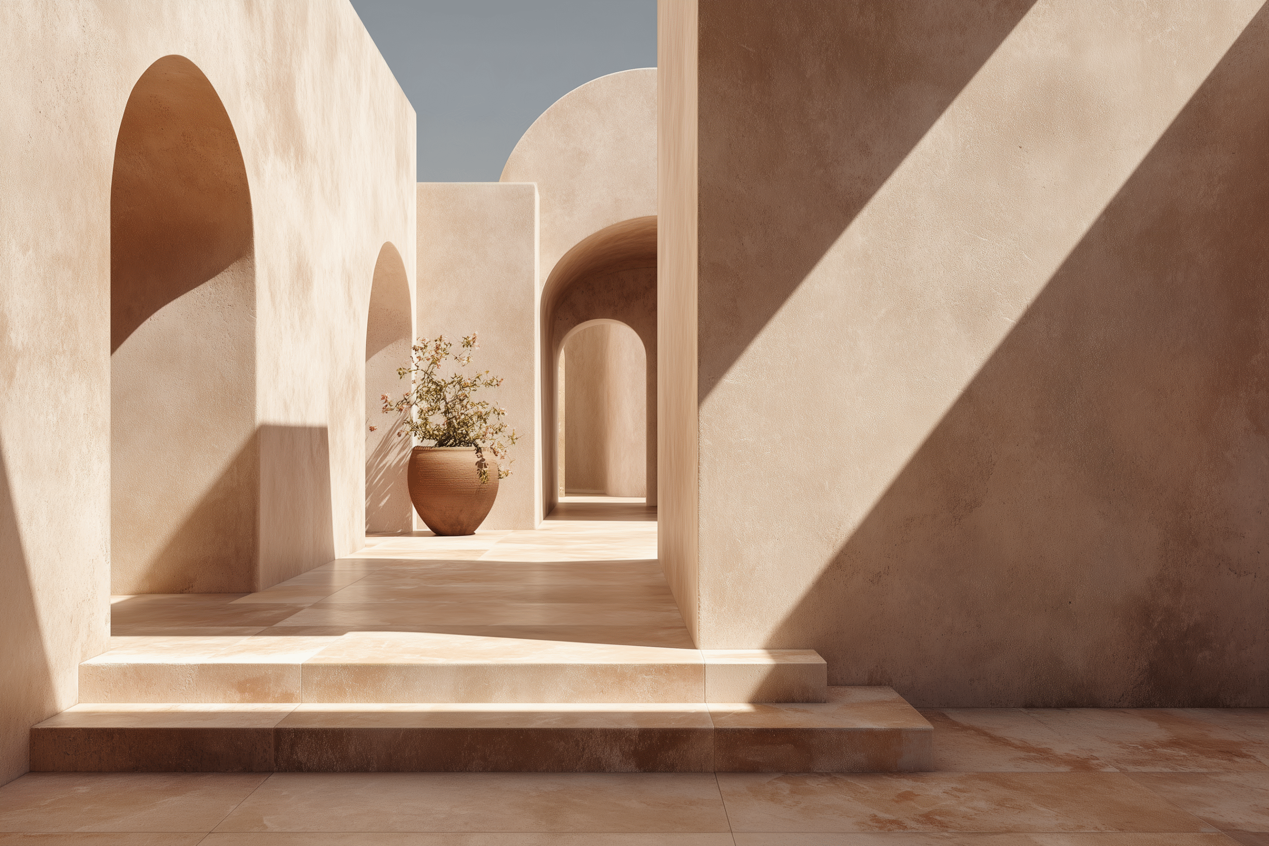 Abstract luxury architecture with soft arches, warm stone textures, and natural light creating a serene, minimalist space