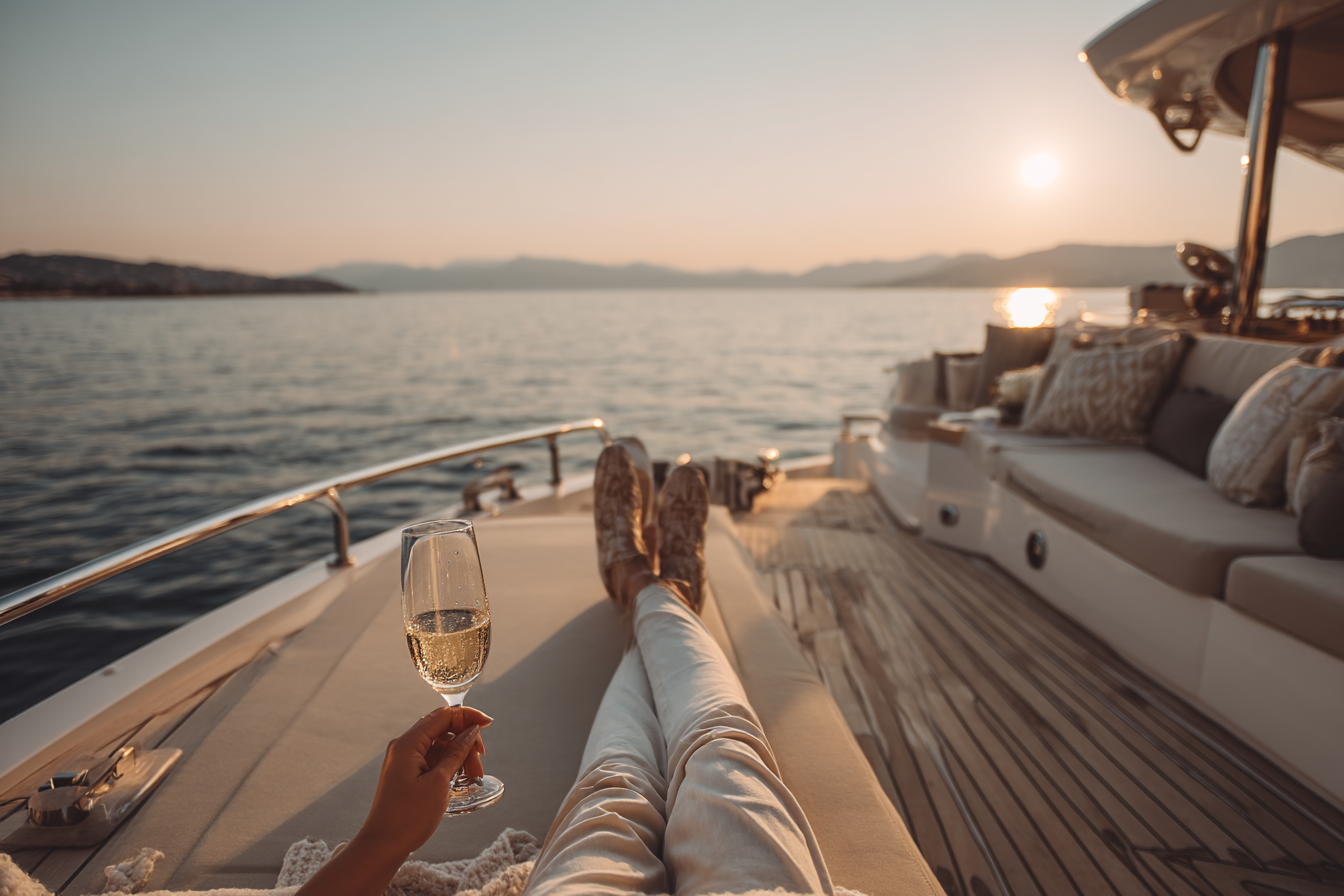First-person view of a guest relaxing on a private yacht at sunset with a glass of champagne and open sea ahead