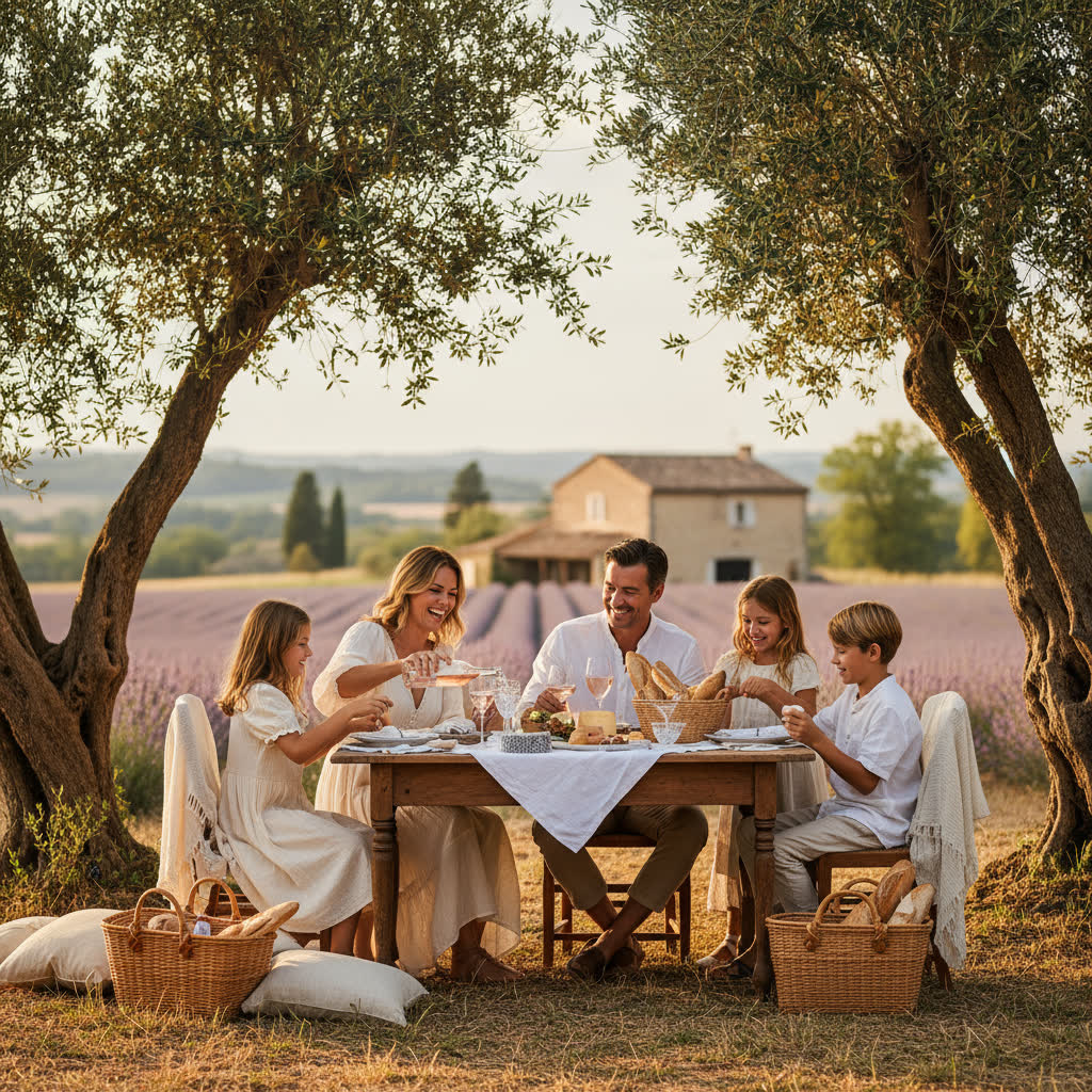 Family enjoying a private outdoor dining experience together in a countryside setting during a curated family journey