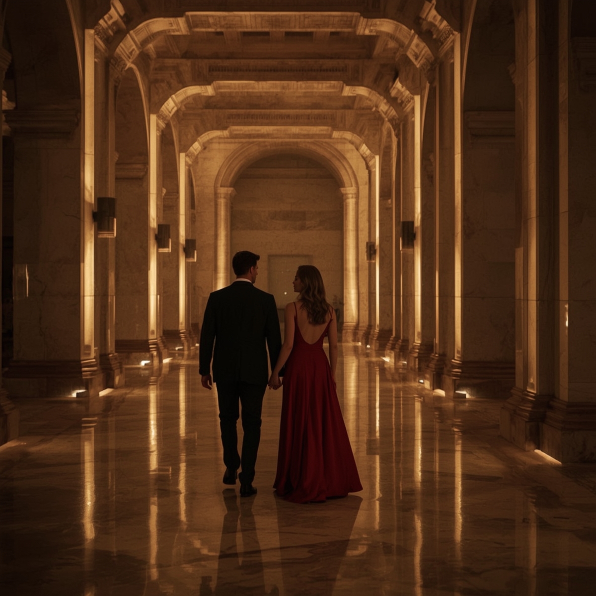 Couple walking through a grand architectural space after hours, representing a private exclusive access experience