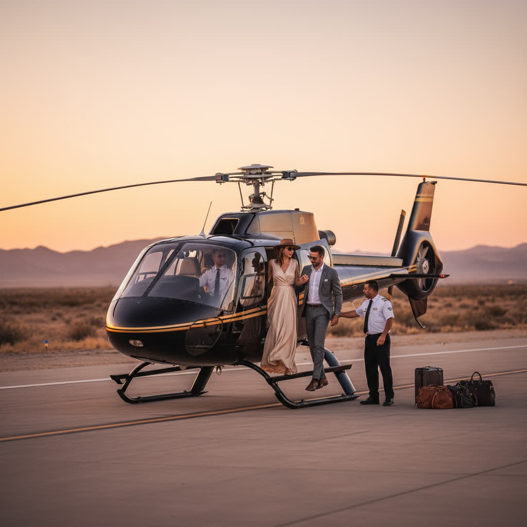 Guests stepping out of a private helicopter during an exclusive aerial tour experience