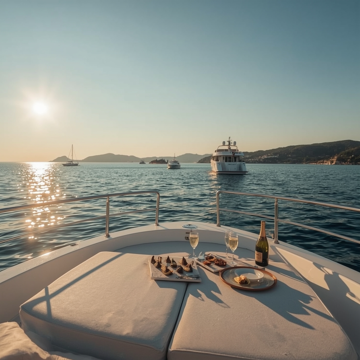 Private yacht set for an intimate experience at sea with champagne and curated dining against a coastal