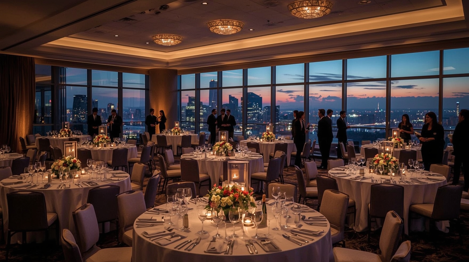 Luxury MICE event setup with round banquet tables and panoramic city skyline at sunset