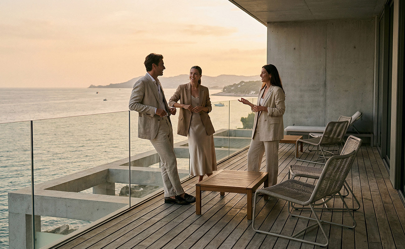 Wide-angle view of business professionals in smart casual conversation on a luxury hotel balcony overlooking the sea
