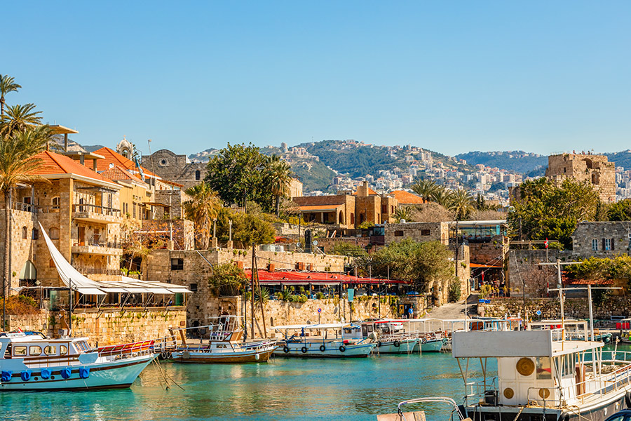 Byblos marina with yachts and boats along the Mediterranean coast in Lebanon