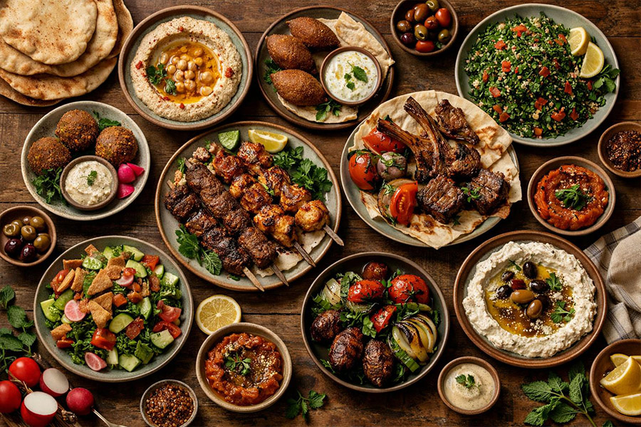 Top-down view of traditional Lebanese dishes arranged on an elegant table with mezze and shared plates