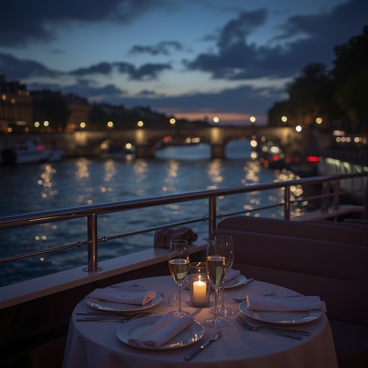 Private evening aperitif aboard a boat on the Seine with champagne and illuminated Parisian bridges
