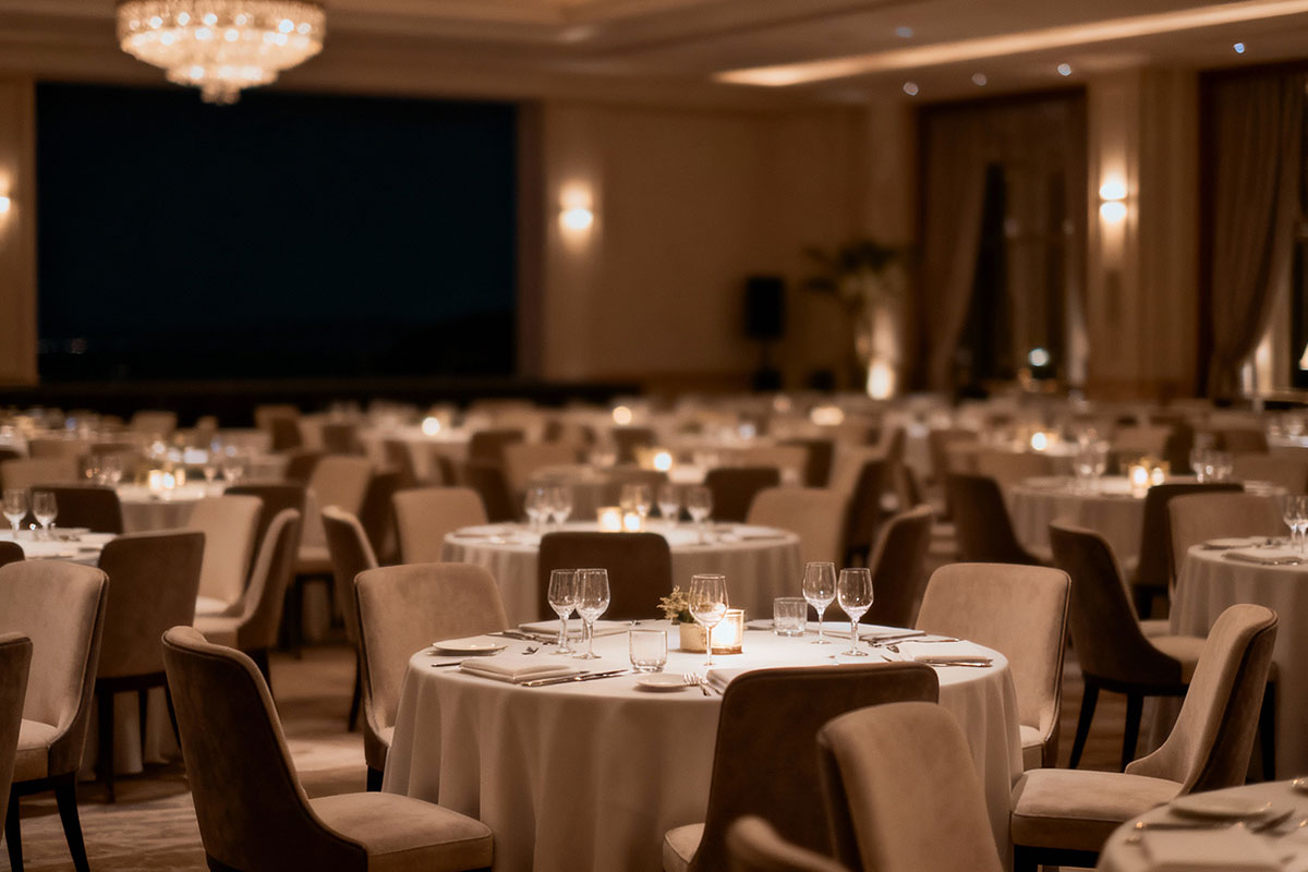 Elegant corporate event setup in Lebanon with refined table settings and presentation screen