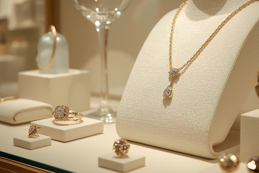 Luxury jewelry display with elegant gold and diamond pieces in refined boutique setting