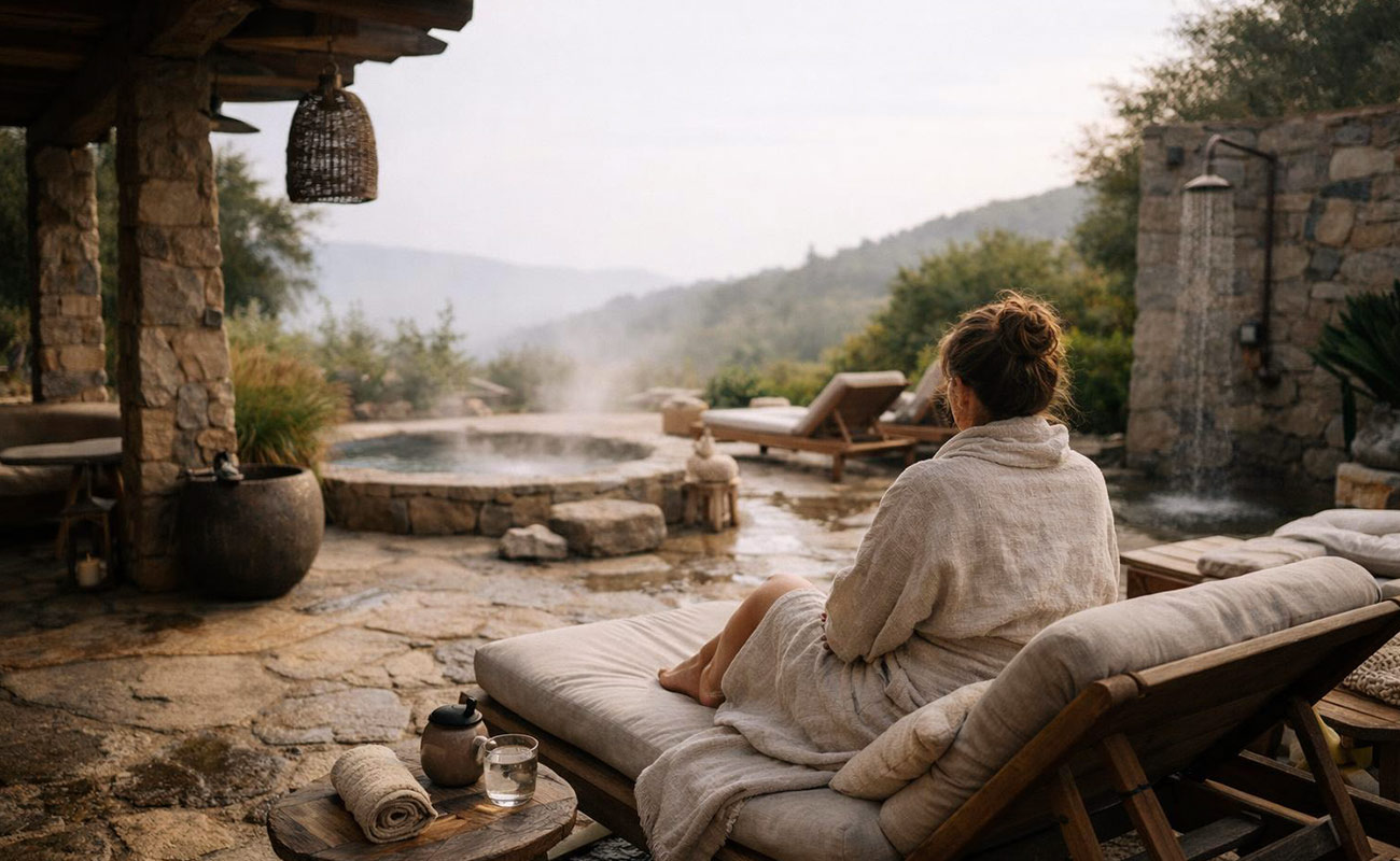 Guest relaxing in an outdoor spa setting at a luxury wellness retreat, surrounded by nature and stone architecture