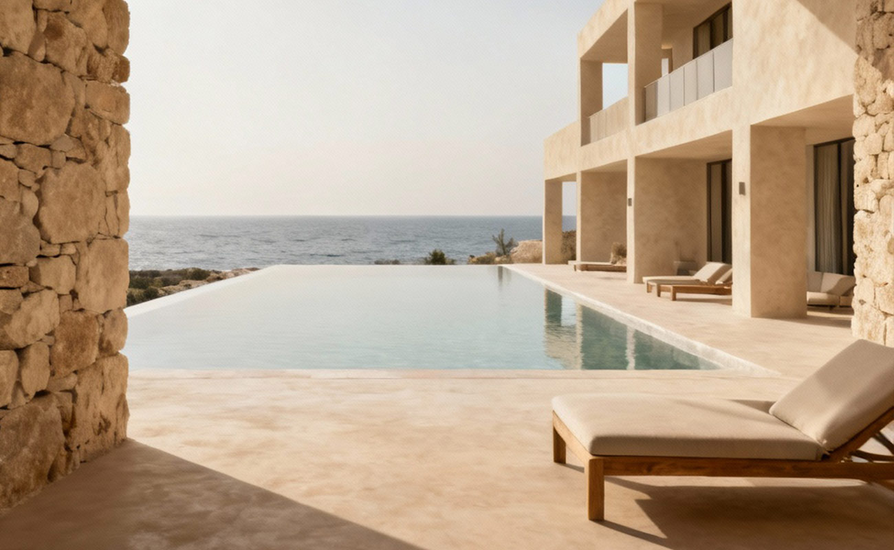 Luxury seaside villa with private pool and minimalist architecture overlooking the sea