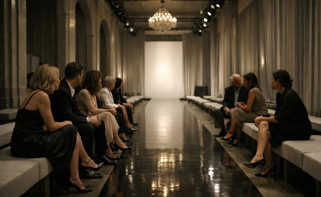 Guests seated at a private fashion show venue before the event begins, representing exclusive VIP access