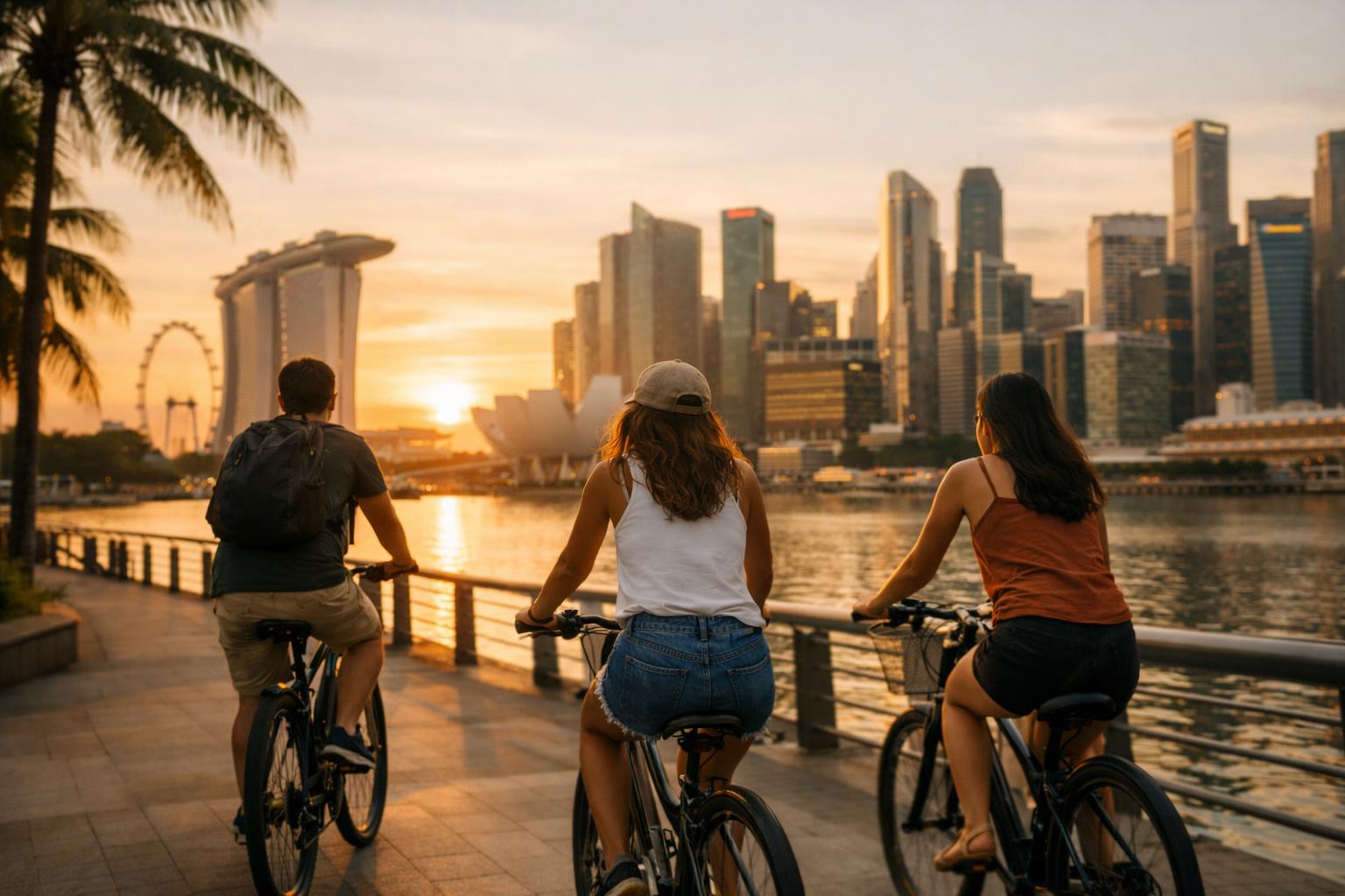 Cycling tour at sunset along Singapore’s waterfront with city skyline in the background