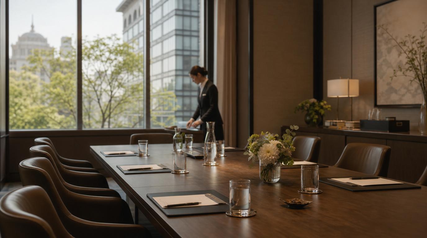 Private hotel meeting room prepared for a corporate meeting