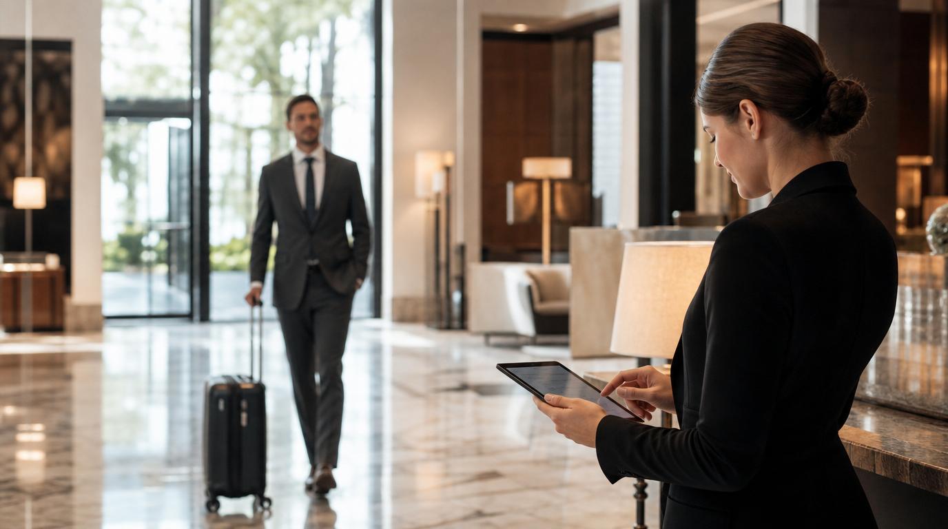 Business traveler arriving at a refined hotel lobby while staff checks itinerary details
