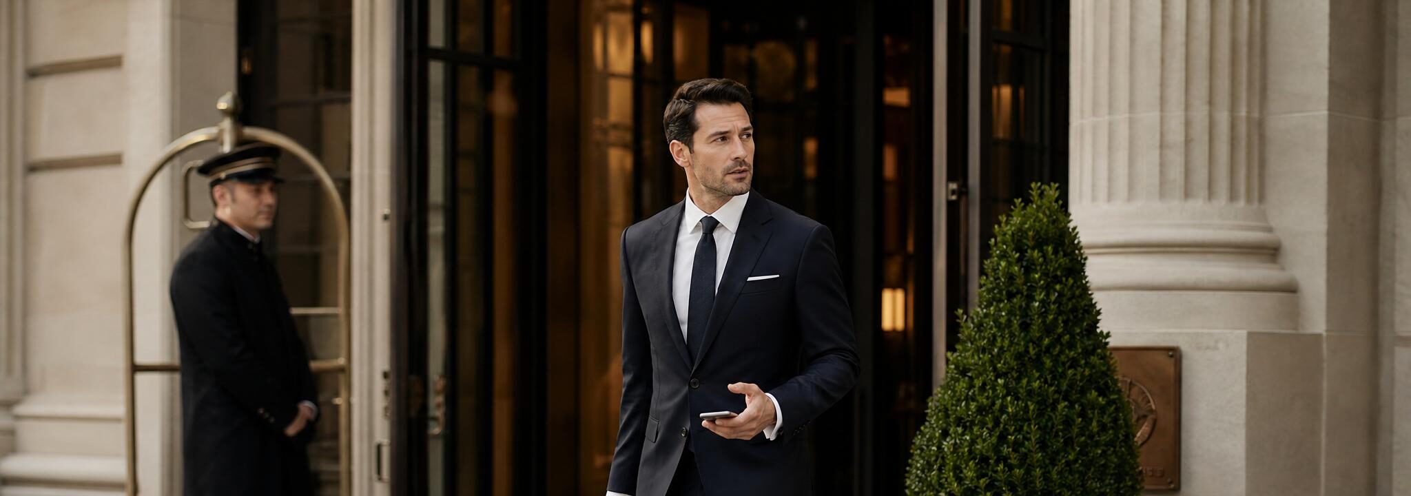 Business traveler with luggage outside an elegant hotel entrance