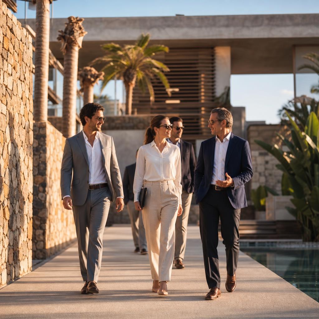 Business professionals walking together at a refined resort during a corporate retreat