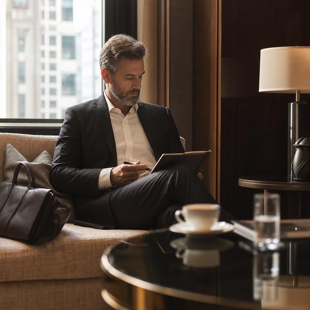 Business traveler reviewing documents in a refined hotel lounge