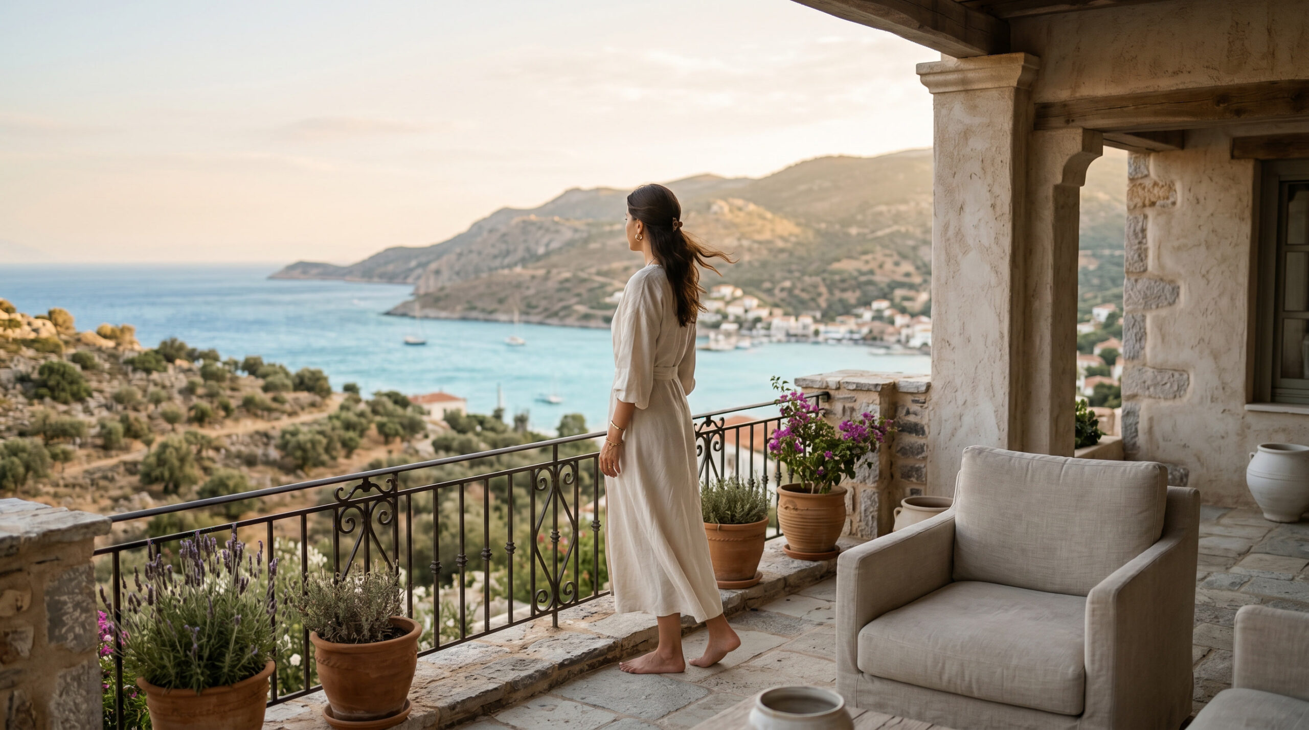 Traveler standing on a private terrace overlooking a coastal landscape