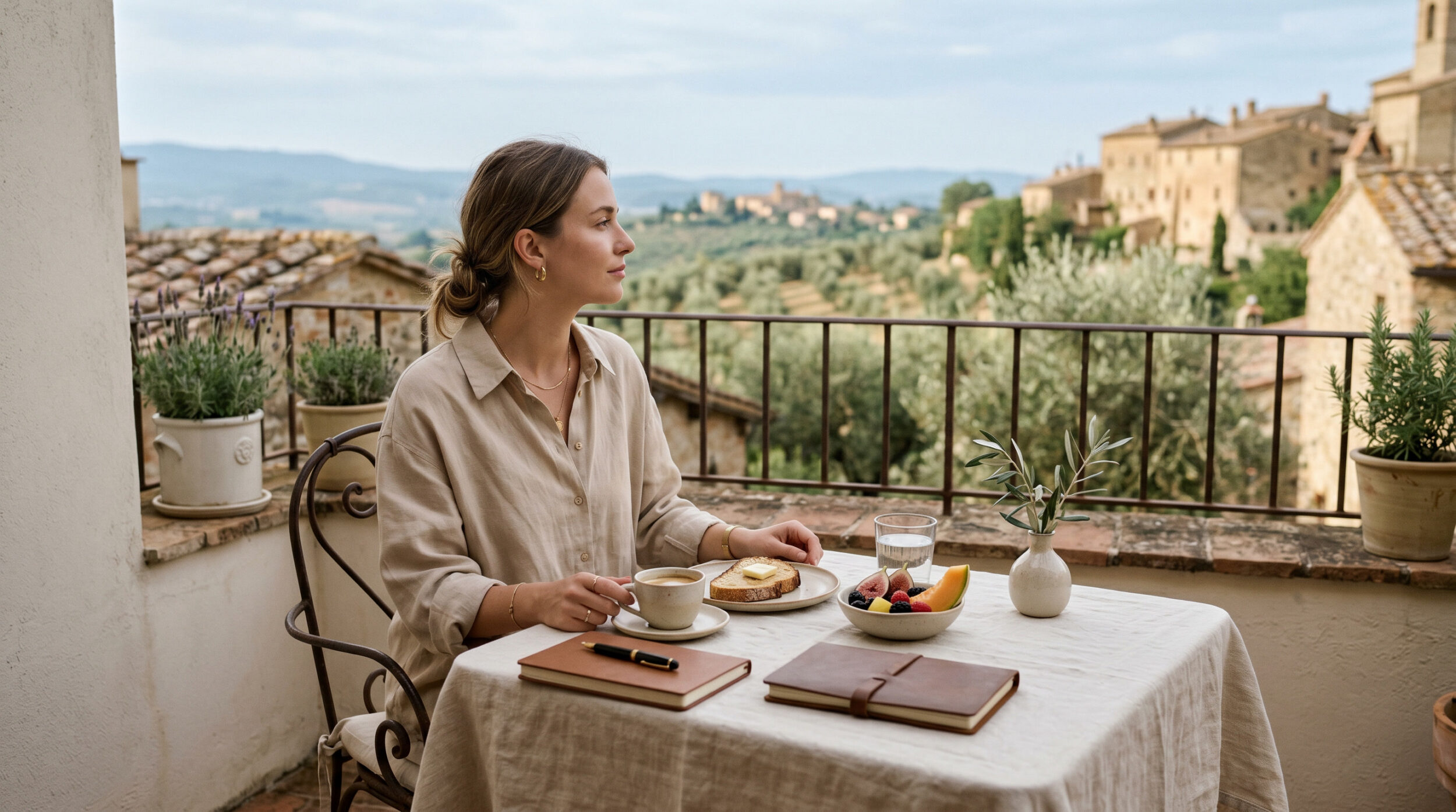 Traveler enjoying breakfast on a private terrace with a morning view