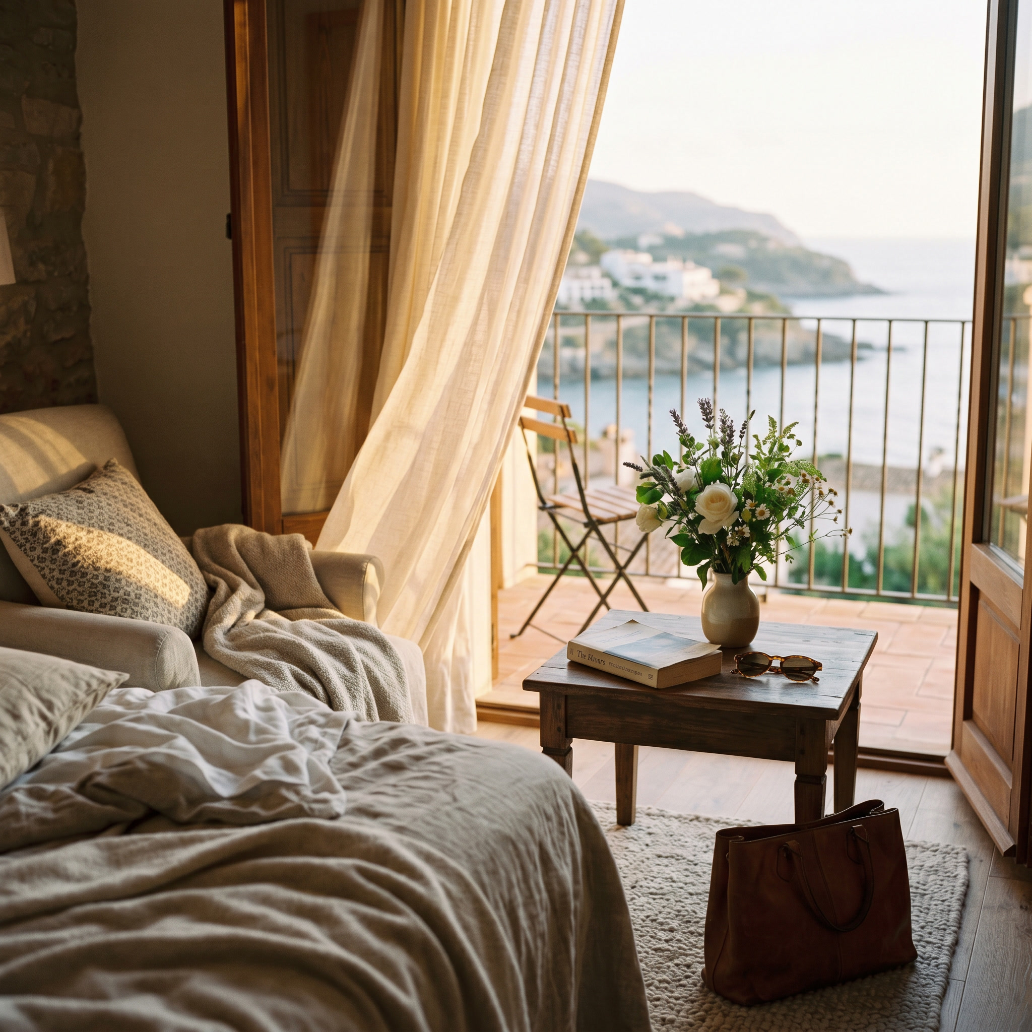 Luxury hotel suite with open balcony doors and elegant travel details