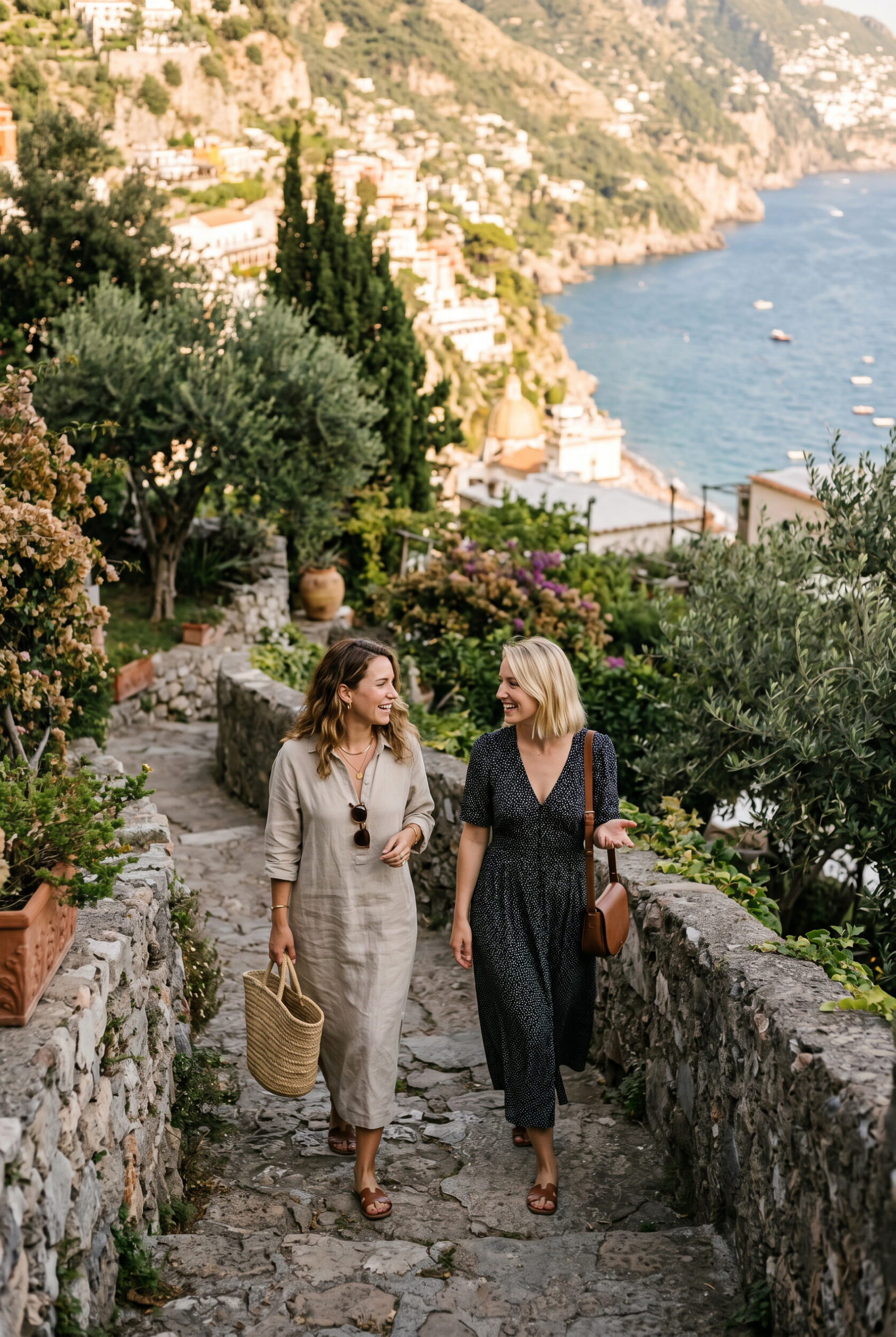 Two travelers walking together through a refined coastal setting