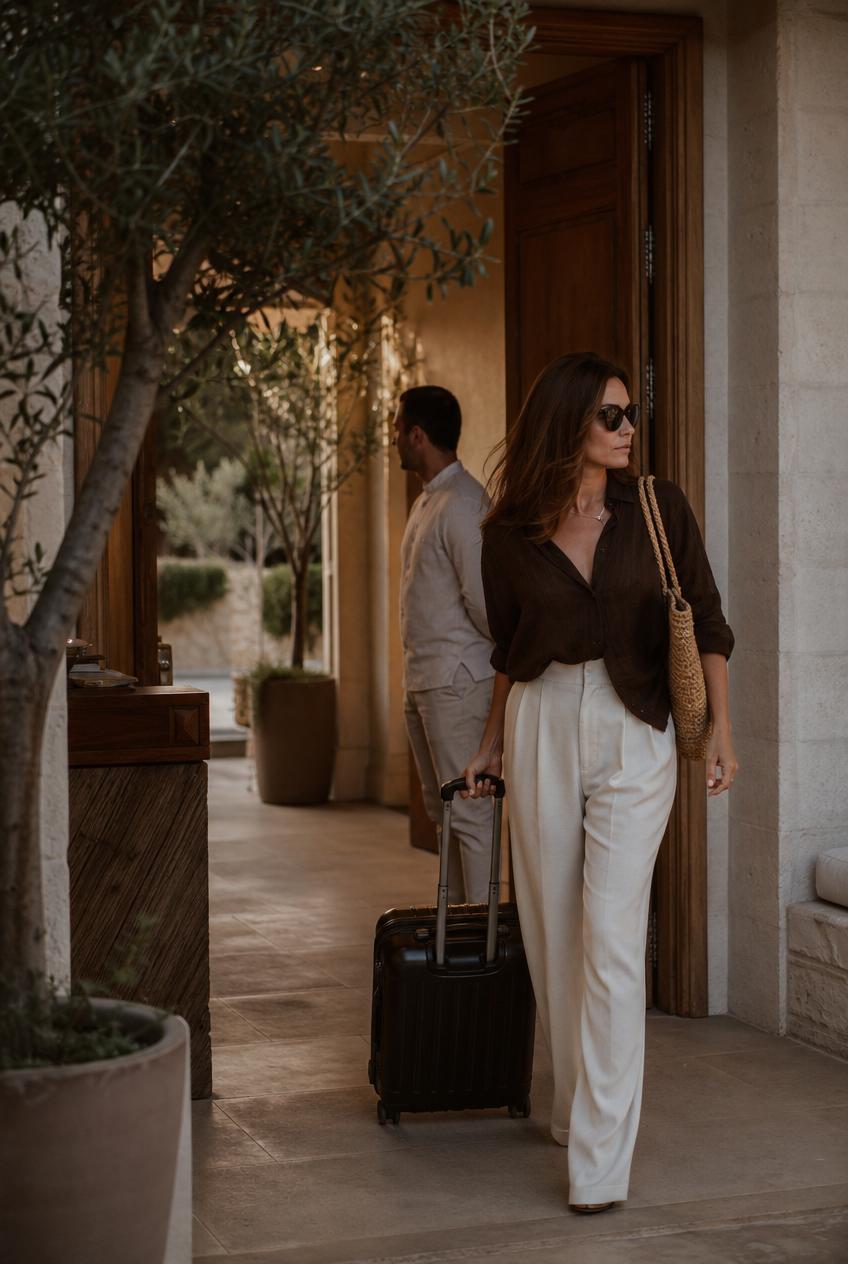 Luxury traveler arriving at a private hotel entrance with luggage