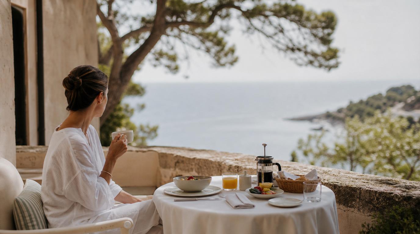 Traveler enjoying breakfast on a private terrace overlooking the sea