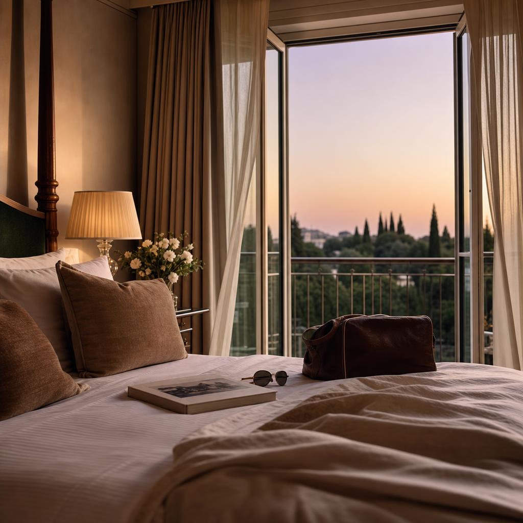 Luxury hotel room with open balcony doors at sunset