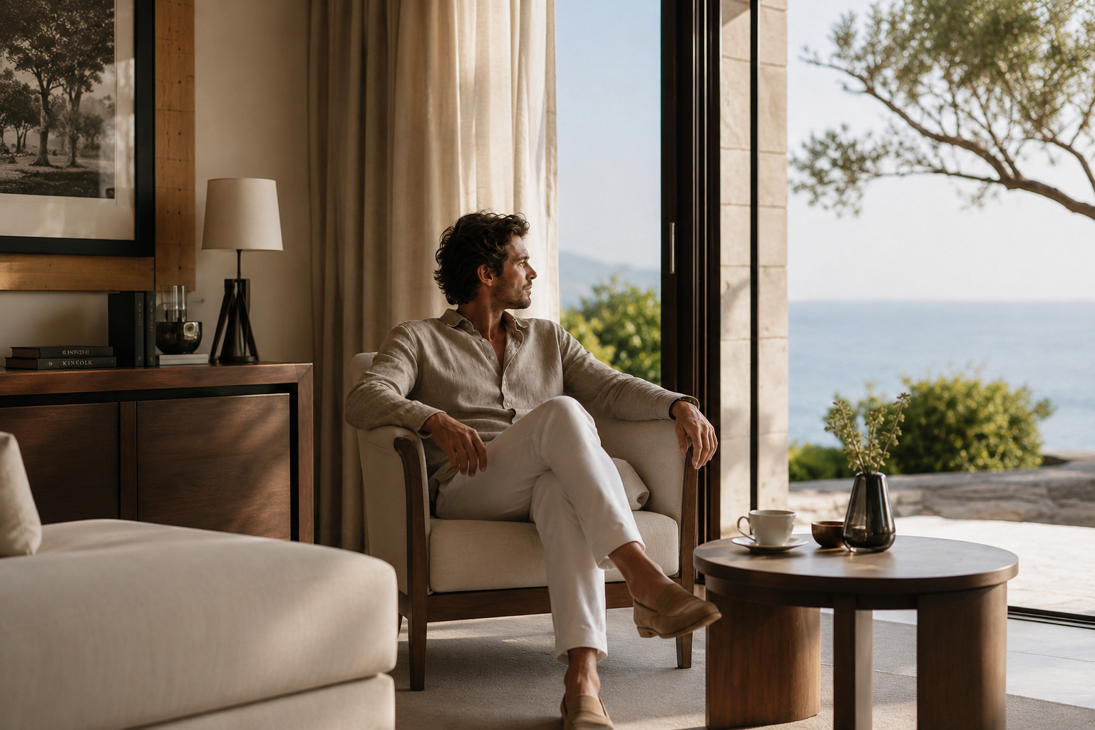 Traveler relaxing in a luxury suite with sea view