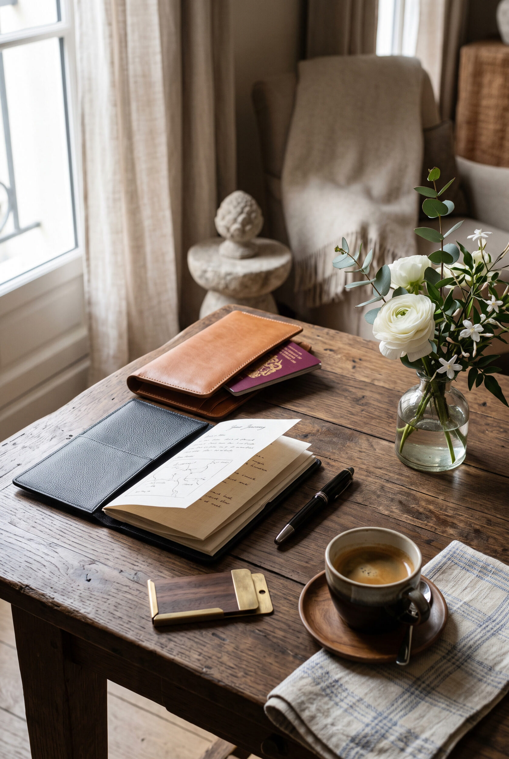 Travel wallet, passport, itinerary notes, flowers, and coffee prepared on a wooden table