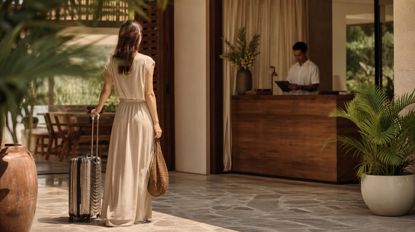 Traveler arriving with luggage at a luxury hotel reception
