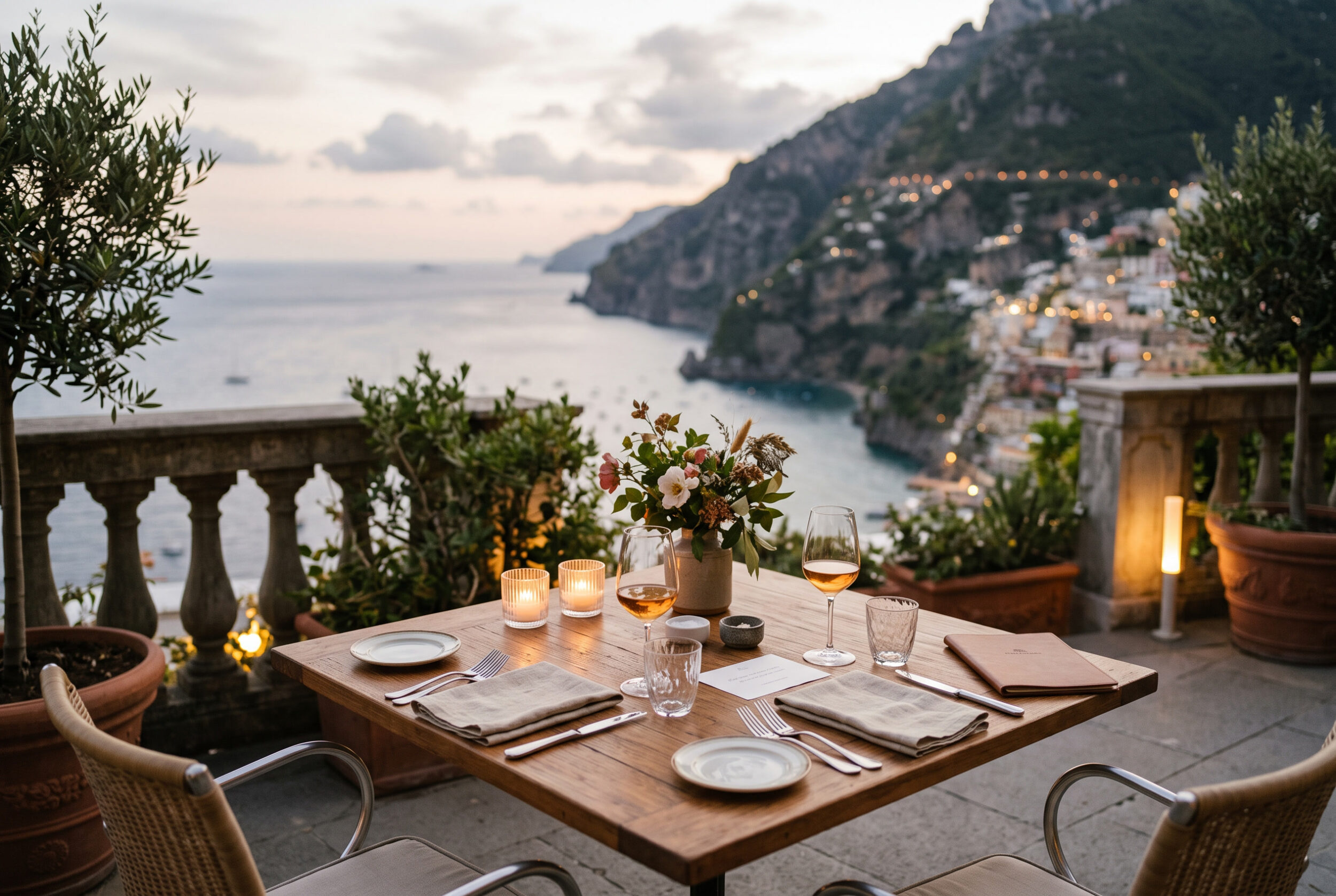 Private terrace dining table prepared with coastal view at dusk