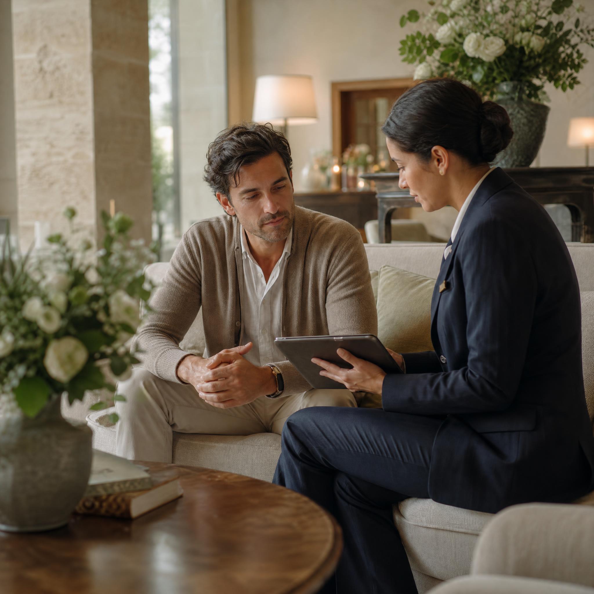 Hotel concierge reviewing travel details with a guest in a luxury lounge