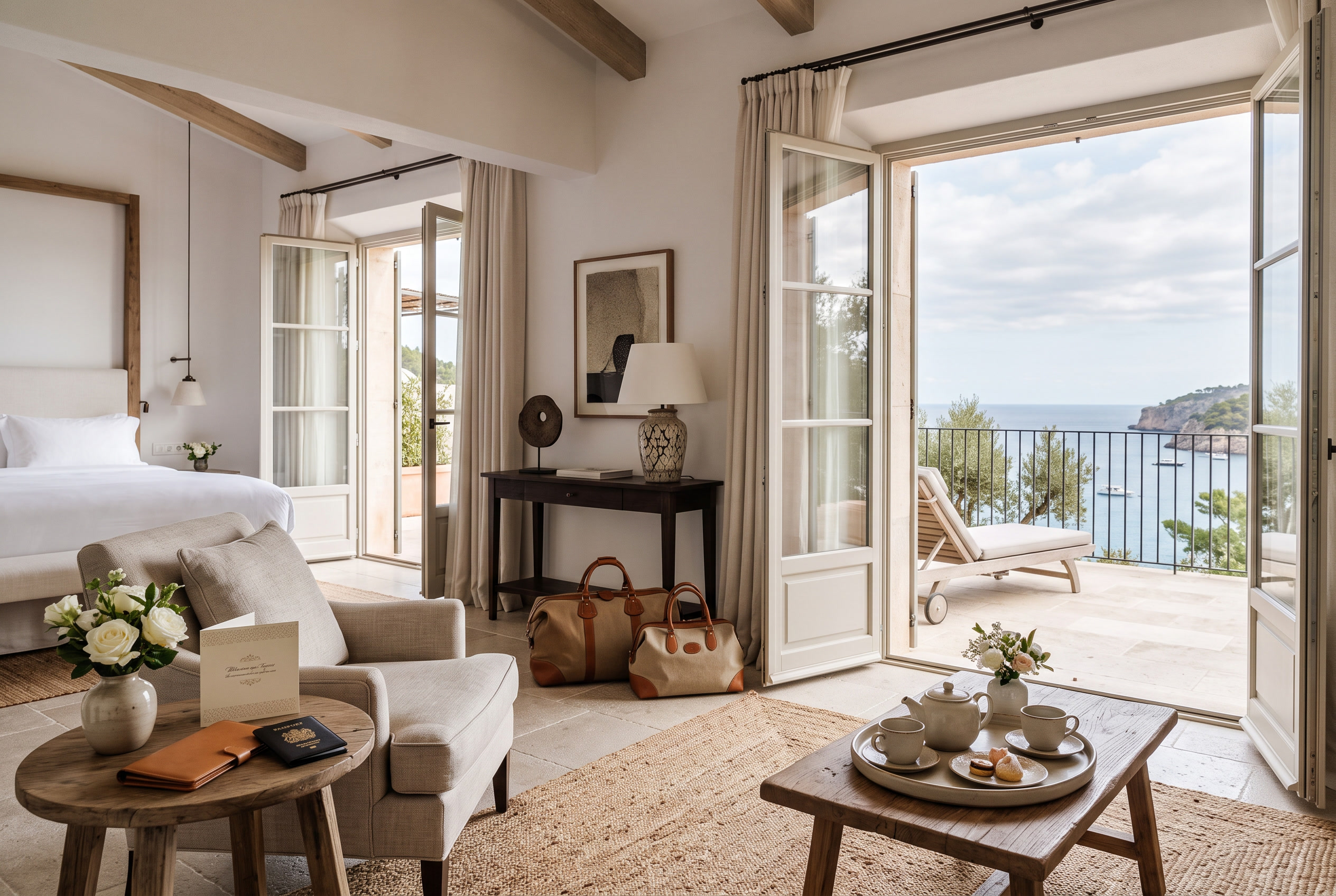 Luxury suite prepared with luggage, tea service, and sea-view terrace